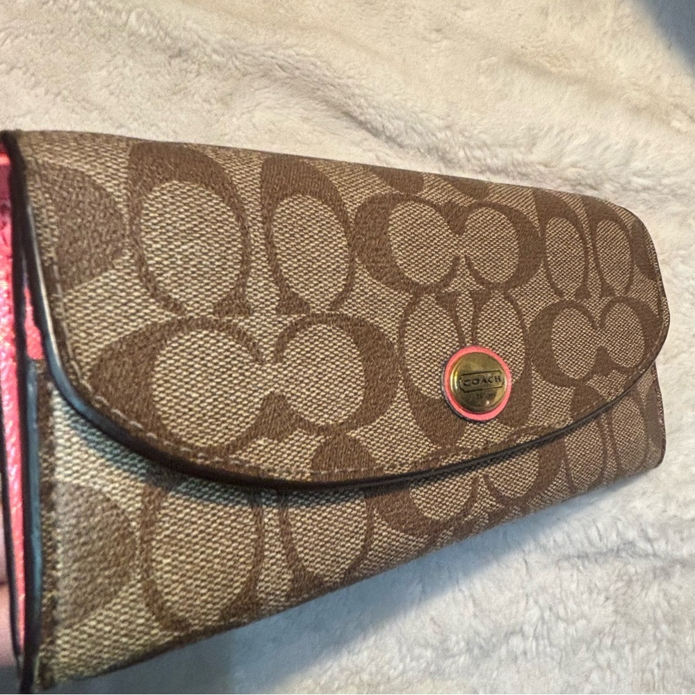 COACH Peyton Signature Slim Envelope Wallet Khaki Tan Coral Pink Canvas Leather - Picture 6 of 16